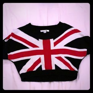 Cropped, short sleeve knit Union Jack sweater